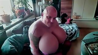 Sissy massages her huge and satisfies herself - Cup Z XXL boobs in pink top - Crossdresser Jerks off long and squirts