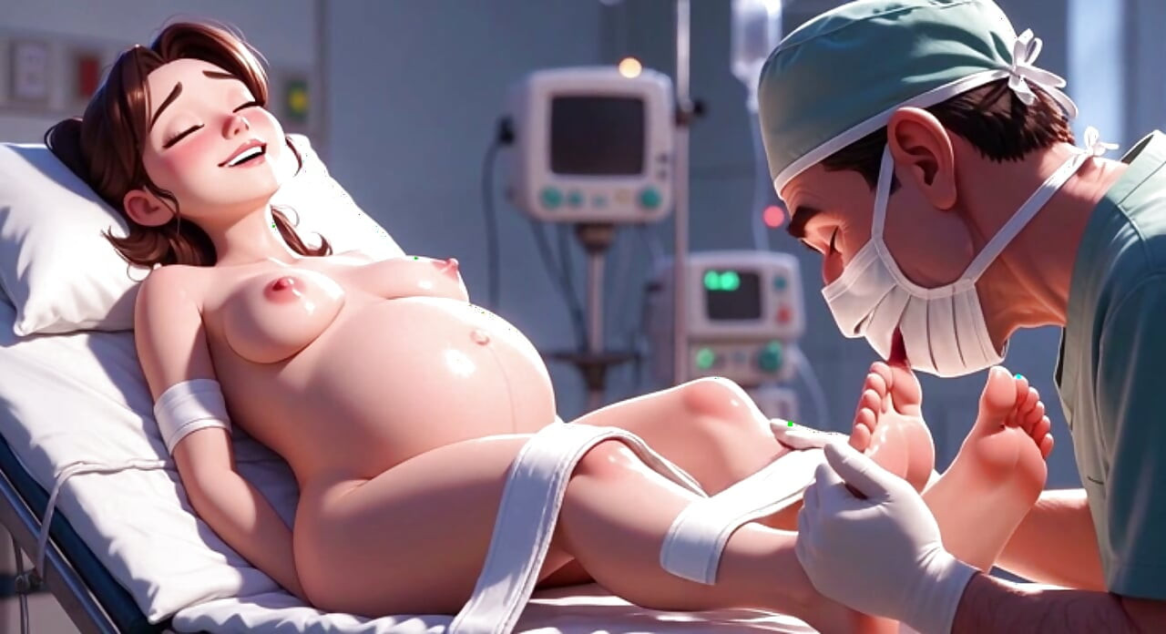 Médico travieso chupando dedos de los pies de paciente embarazada en cirugía