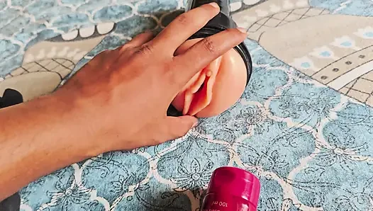 Boy shoves sex toy with his big black cock - boy pushes big cock into pussy