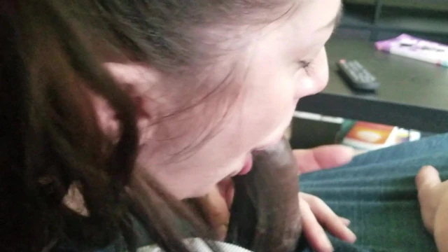 Daddy's little princess gets her mouth used on couch