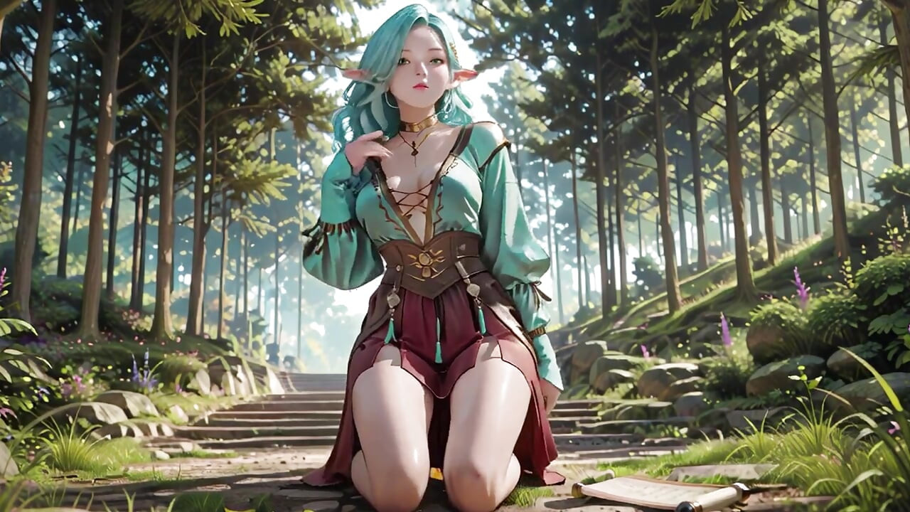 Forest Fantasy! Green-haired Mage & Blue Elf in a Private Walk, Kneeling under dappled sunlight with teasing wands.