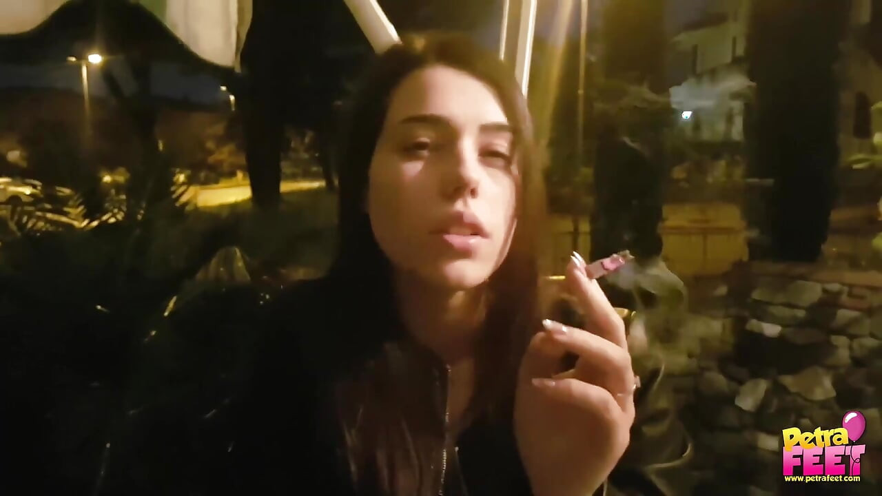 Smoking and foot fetish in outdoor with cute teen
