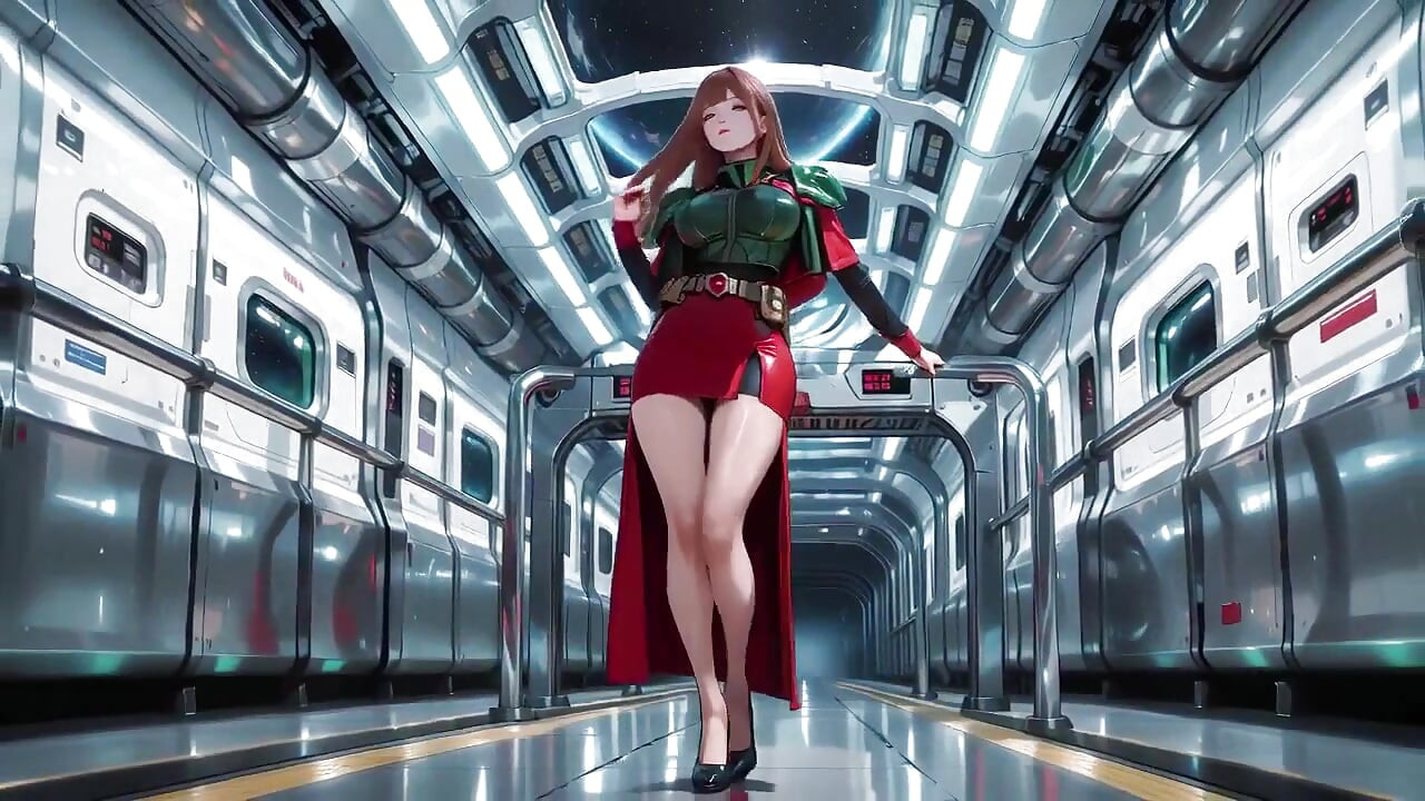 공상 과학 열차 안에서 그녀는 꽉 찬 녹색 갑옷을 입고, 포트홀을 통해 은하계를 바라보며 빨간 입술을 만지고 있다.