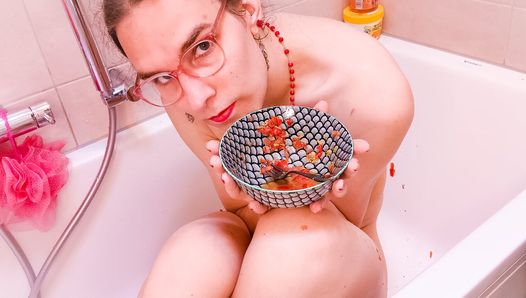 It's a fruit, silly! (Trans MILF Odette Vesper play with food and oil in bathtub)