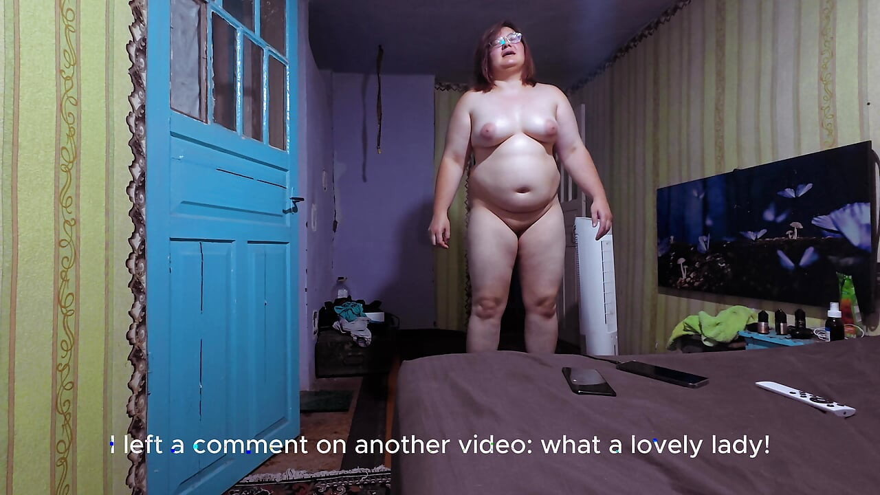 Naked Curvy Brunette on Vibration Platform Reads Comments with English Subtitles
