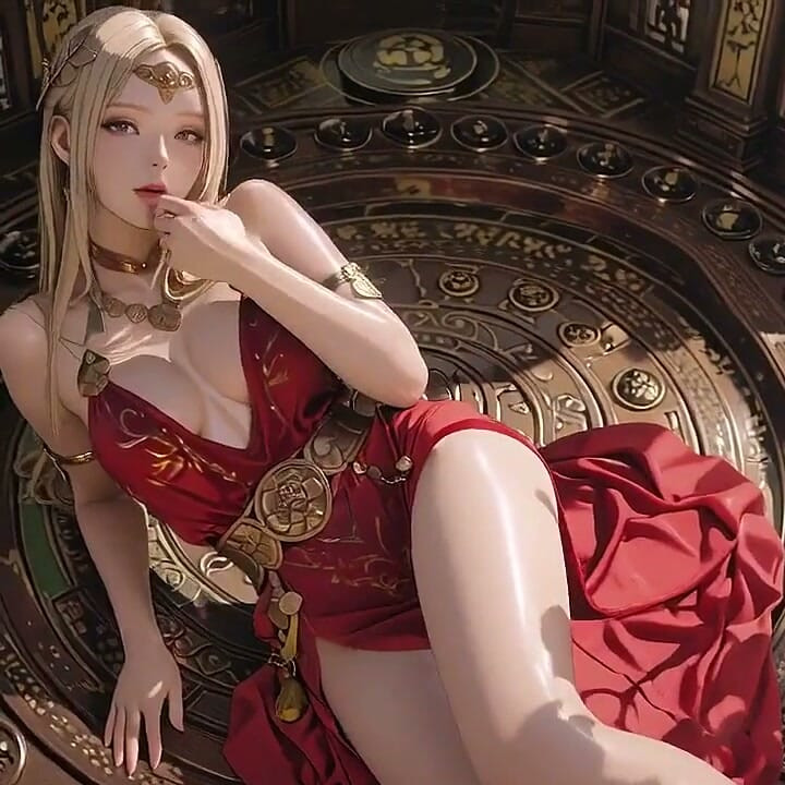 Blonde Queen in Red! Sitting by the Fountain, Adjusting Her Slit Dress. Eyes Locked on You.