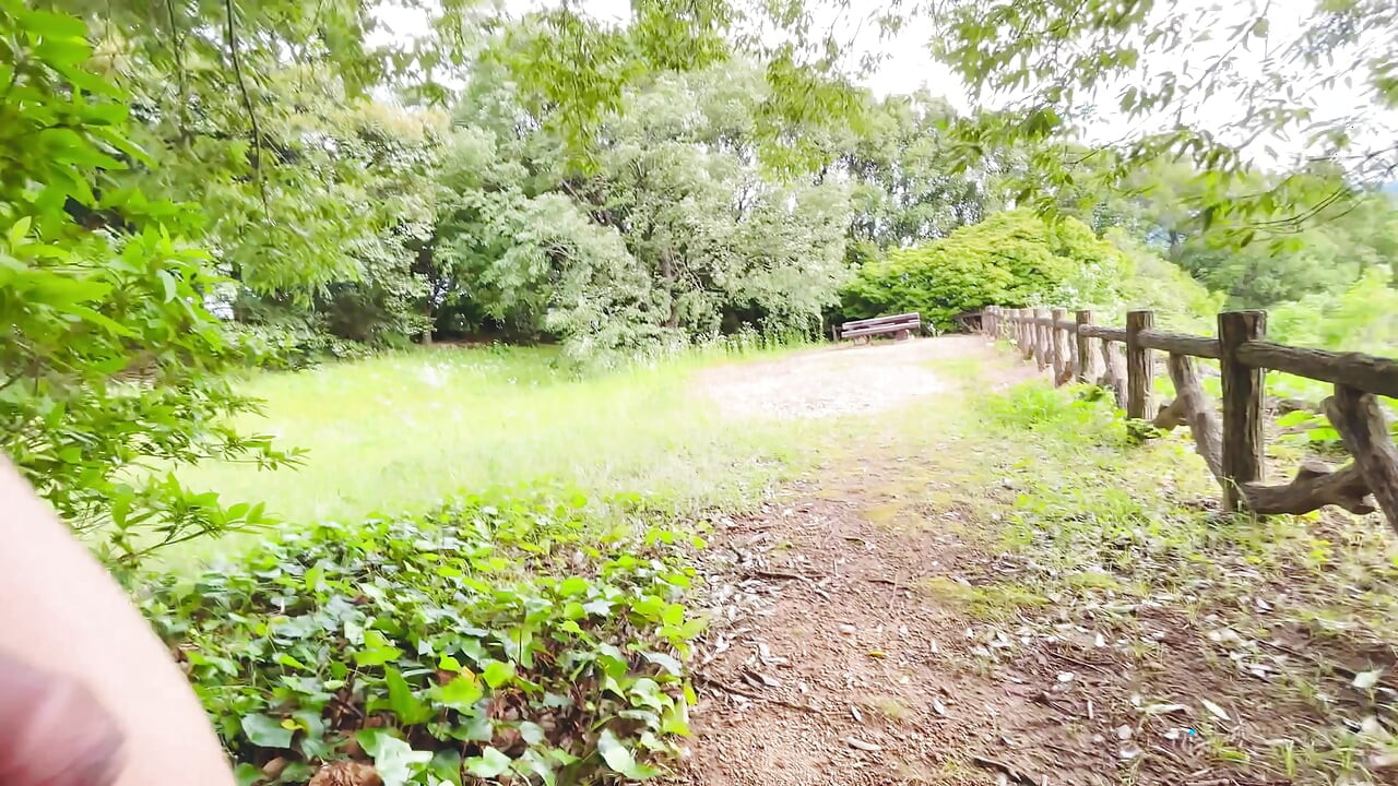 Asian twink riskily flashes his foreskin penis in a public park