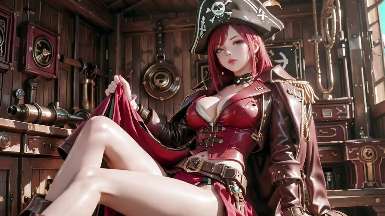 ¡Reina Pirata Pelirroja! Diosa perezosa en el Cofre de Oro. ¡Su mirada de rodillas es una locura!