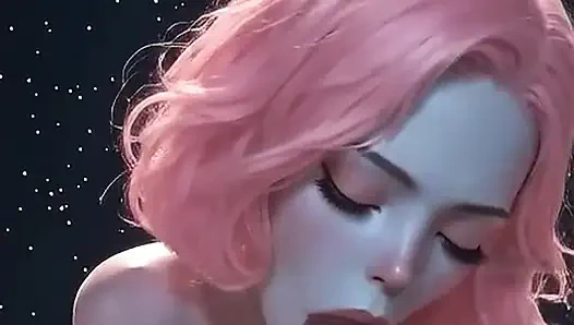 Peri AI berambut merah muda memberikan blowjob, melakukan titjob, menunggangi gaya cowgirl, dan berakhir dengan air mani yang menetes dari mulutnya