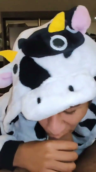 Dreichwe in a cow pijama sucking and riding my big uncut cock until he earns my hot milk | Clip 1