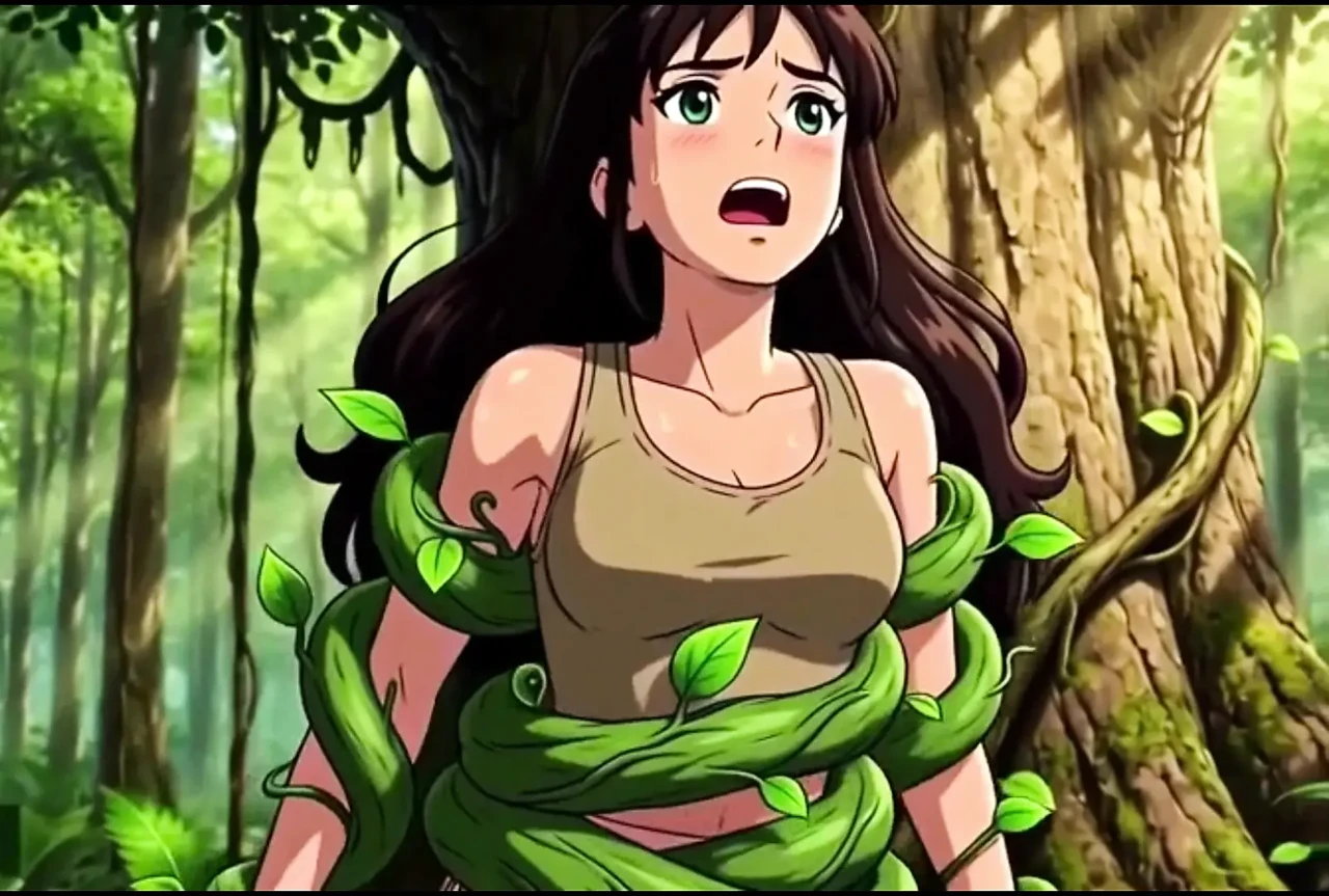 Explorer girl bound in teasing vines that give her  Bound in teasing vines that  intimate pleasure