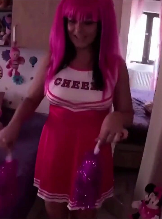 MILF Cheerleader Tease. Pink Uniform, Lollipop Play and Messy Bedroom Fantasy