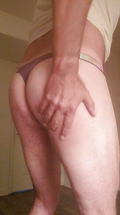 Cumming in my satin purple thongs.