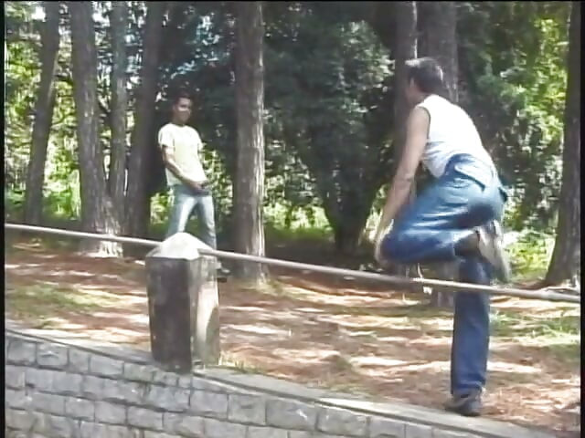 Dos chicos latinos en el bosque complaciendo sus pollas