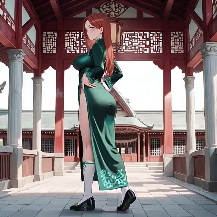 红发和翡翠旗袍! 东方庭院的懒惰诱惑