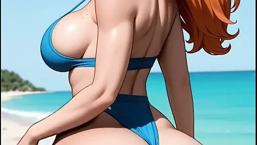 Riesiger arsch hüpft am strand, ai Animation