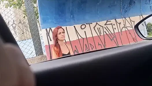 Risky Masturbation in the Car with a Hot Girl at the Bus Stop in Public!
