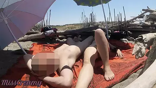 Flashing my cock in front of strangers on a public beach while she helps me cumshot - it's very risky - MissCreamy