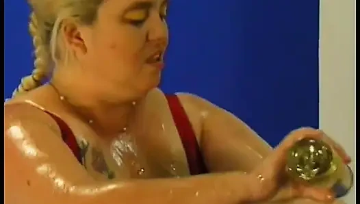 Nasty fatso lady Patty Parker is fond of getting her unstoppable body oiled and her cunt drilled with toy by curious dude