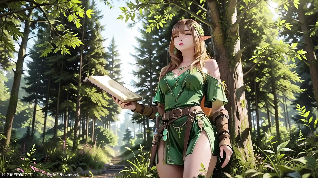 Green Elf in the Forest Secret! Kneeling gaze under dappled sunlight, a dreamy tease with fingertips touching her lips.