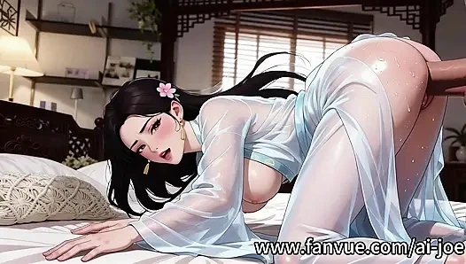 Китайская девушка, древний костюм, минет, Звук очень приятный. и стимуляция сосков, AI-Генерирует, ДВА