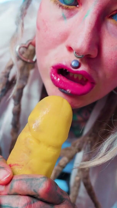 Tattooed Girl in Lingerie DPs Herself with Huge Dildos | Clip 1