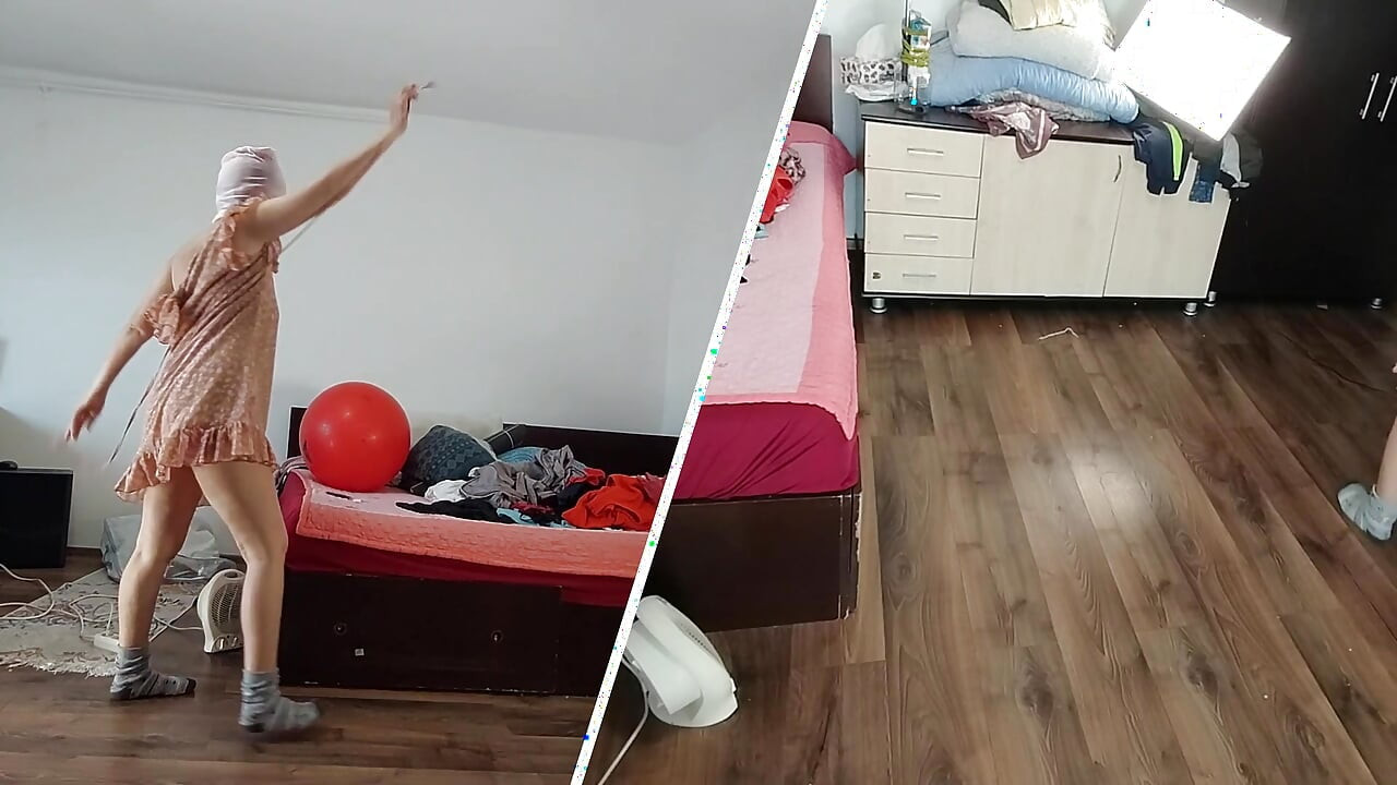 Amateur wife dancing naked at home. Amateur woman has fun trying on clothes and cutting them.