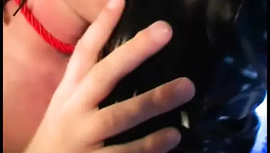 Stunning fetish brunette in leather dress ass fucked by her masked slave