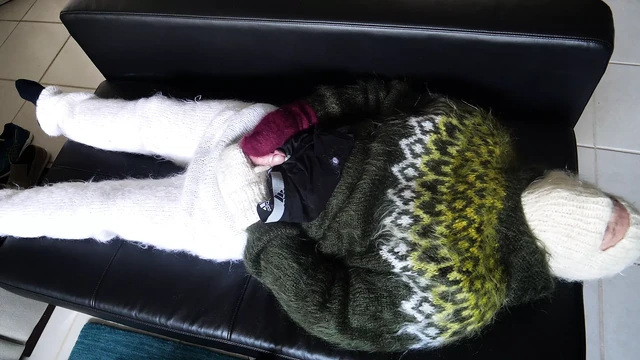 Green mohair hoodie, sweater fetish cum shot. Masturbation in soft fuzzy wool sweater and pants with balaclava