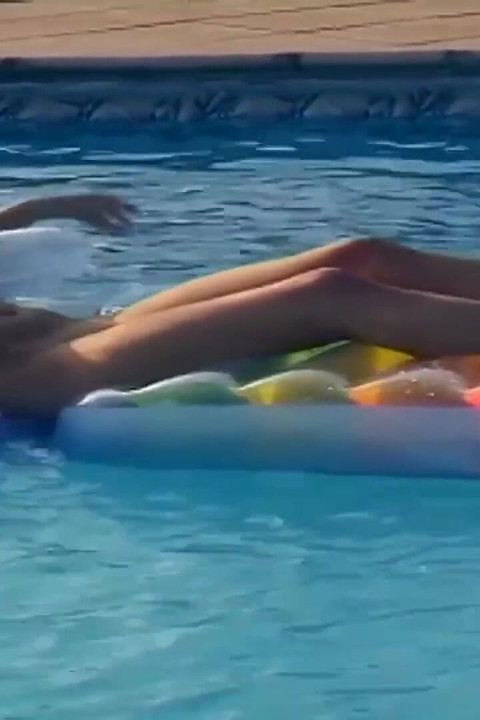 Busty blondie gets cum in mouth while fucking by the swimming pool