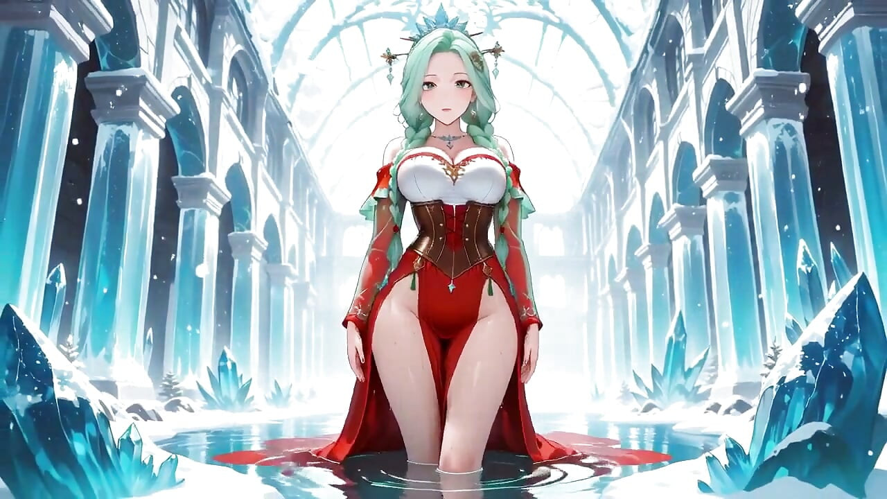 緑髪の氷の女神！赤と白の戦闘ローブを纏った冷たいコントラストが、クリスタルホールの中央で誘惑的に跪いている。