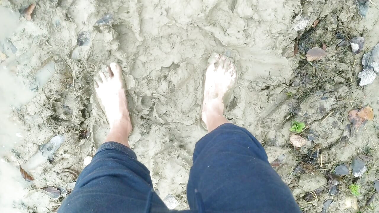 Stepping in Mud Barefoot - Dirty Feet and Jerk off and Stepping on Own Cum at the End