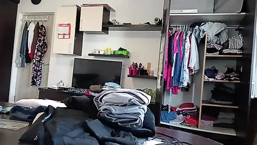 Amateur Woman Has Fun Trying on Clothes and Cutting Them.