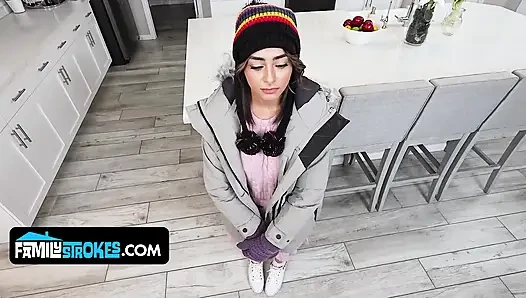 İri göğüslü esmer üvey kız kardeş Vanessa Moon azgın üvey kardeşin yüzüne boşalıyor