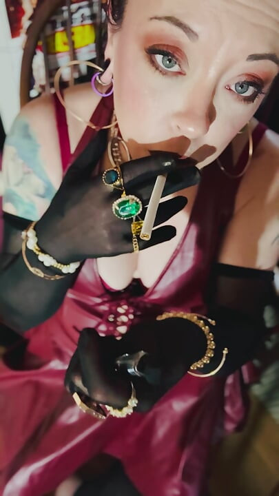 Red Leather & Cigarettes! Tina Snua Smoking A Cigarette Wearing Black Sheer Gloves & Jewelry