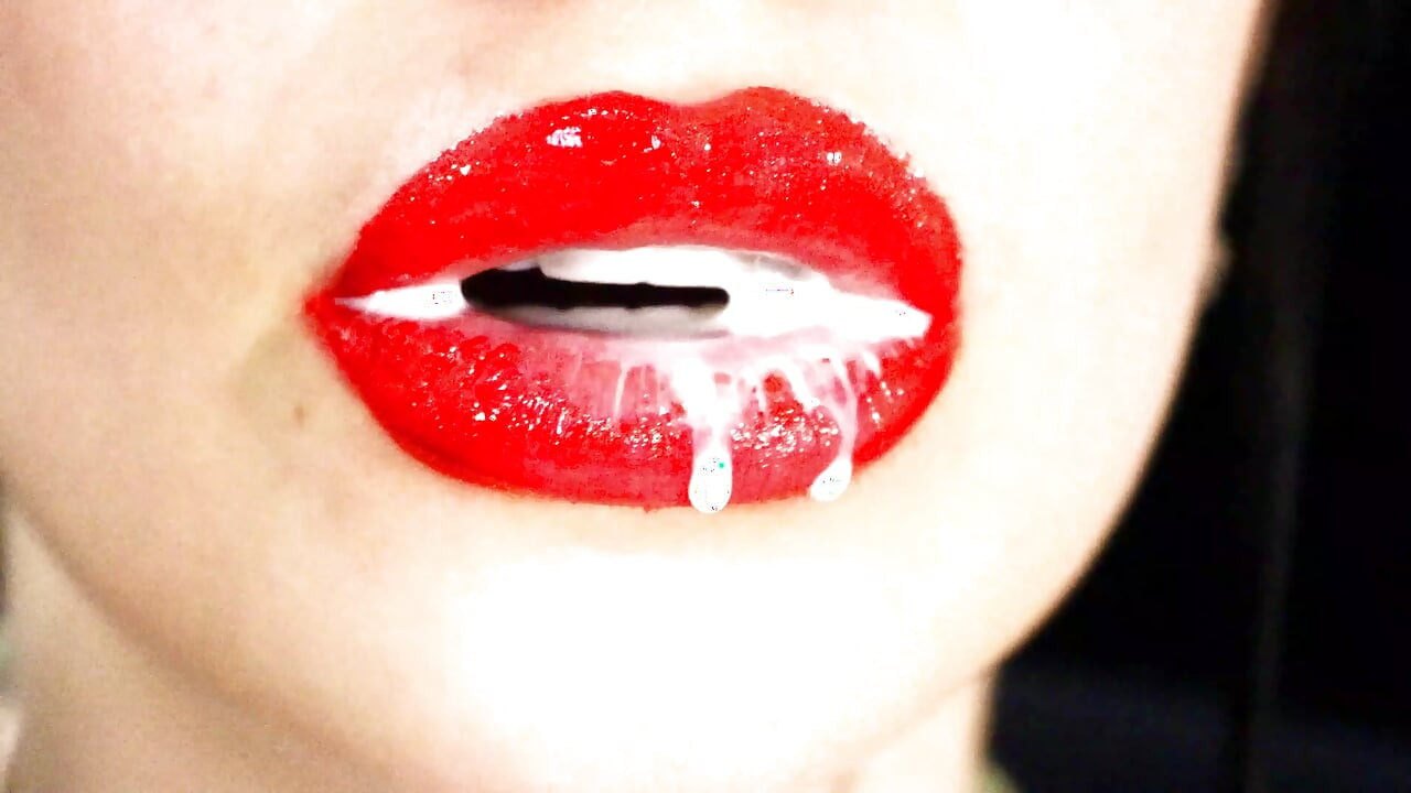 Red lips and a games with liquids and saliva! Milk and coffee! 4K -NO AUDIO-