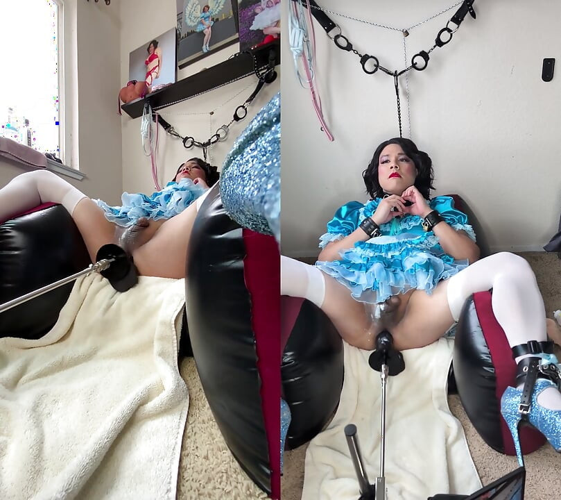 Kadın kılıklı candy şişme sandalyesinde sikiş makinesiyle kendini esaret altında sikiyor