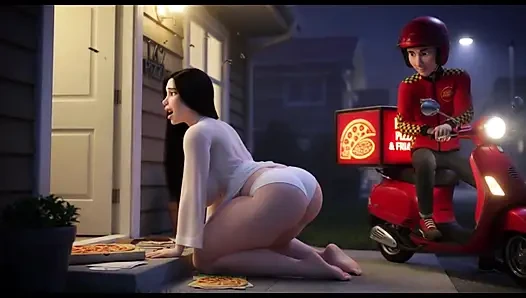 Yarı saydam beyaz kıyafetli düzgün vücutlu kadın geceleri ön kapısında pizzacı adamla konuşuyor (yapay zeka tarafından oluşturulmuş)