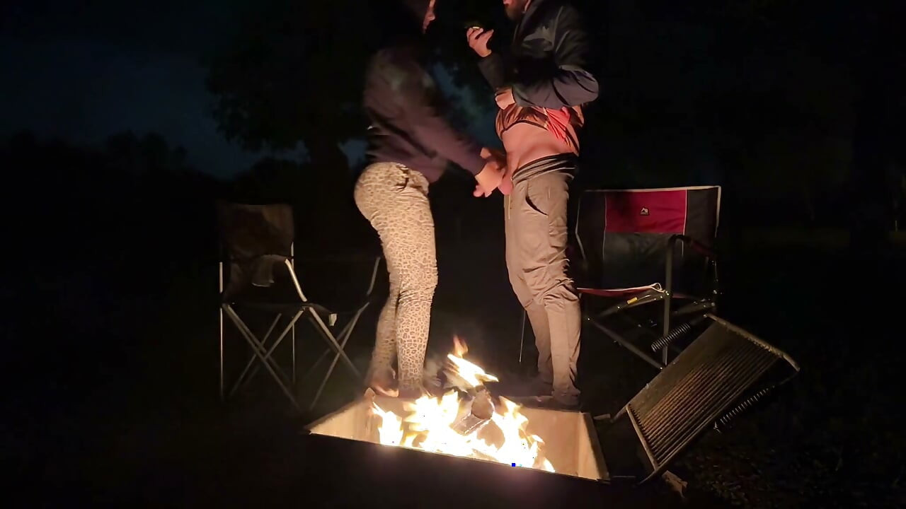 Wife caught masturbating in public restroom, then fucked by the campfire