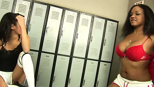 Gym Locker Room Threesome - Blonde, Ebony and Brunette Share a Pink Toy