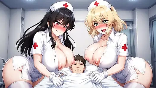 Two cute nurses with big breasts cum in the ward