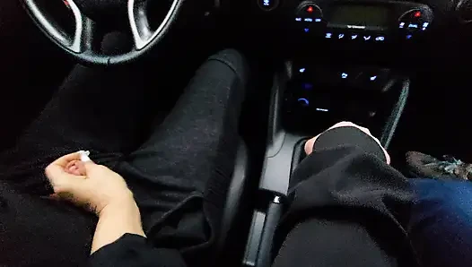 Amateur MILF gives a handjob to a taxi driver and teases him in the car, in public