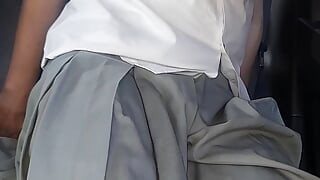 Asian Crossdresser Cum Wearing Grey School Girl Uniform