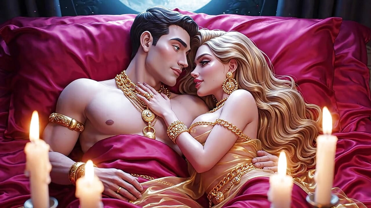 Erotic Fantasy Romance - casal de jóias douradas beijando fundo e brincando na cama