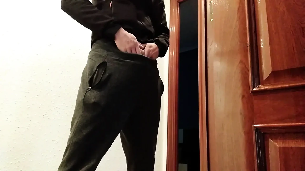 Handjob From Hot Amateur Guy with Big Cock, Shoots at the Door