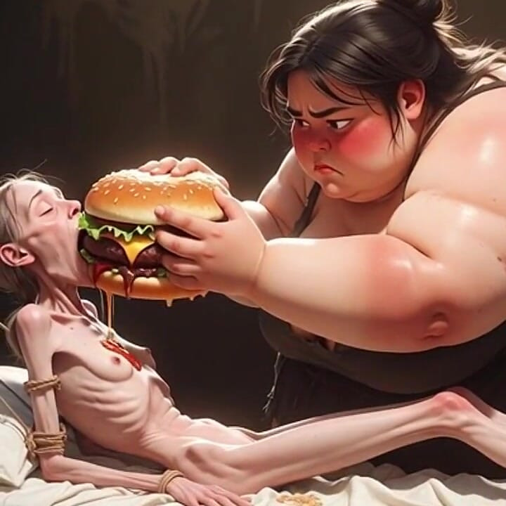 Extremely Skinny Girl Fed by Massive SSBBW - Extreme Feederism Contrast