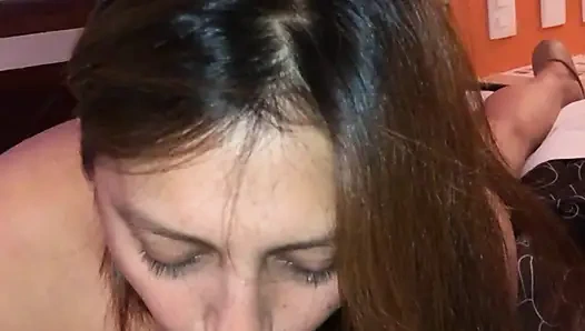 Hot MILF sucking cock like a whore all the way down in her throat