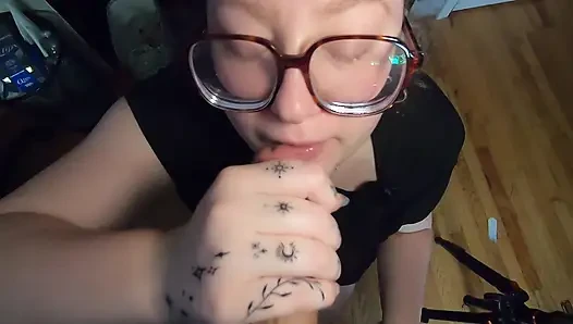 Chubby white girl with Glasses chokes on cock and swallows cum