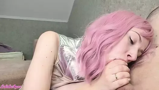 Pink Haired Girlfriend Gives Sensual Blowjob - Cum Swallow