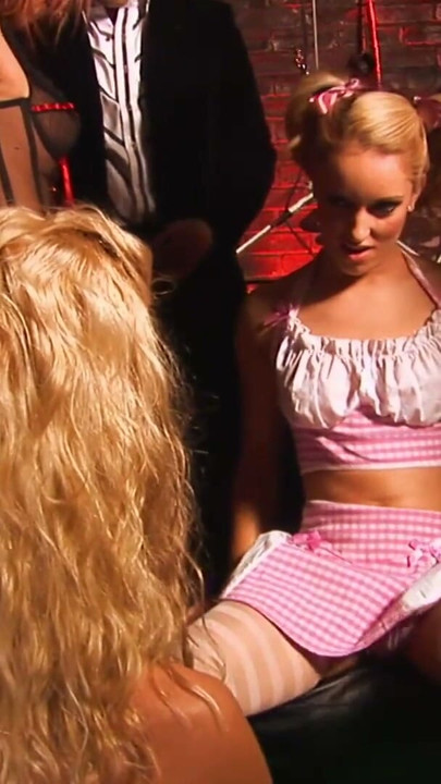 Hot sluts and horny dude introduce young blonde to their fuck games | Clip 1